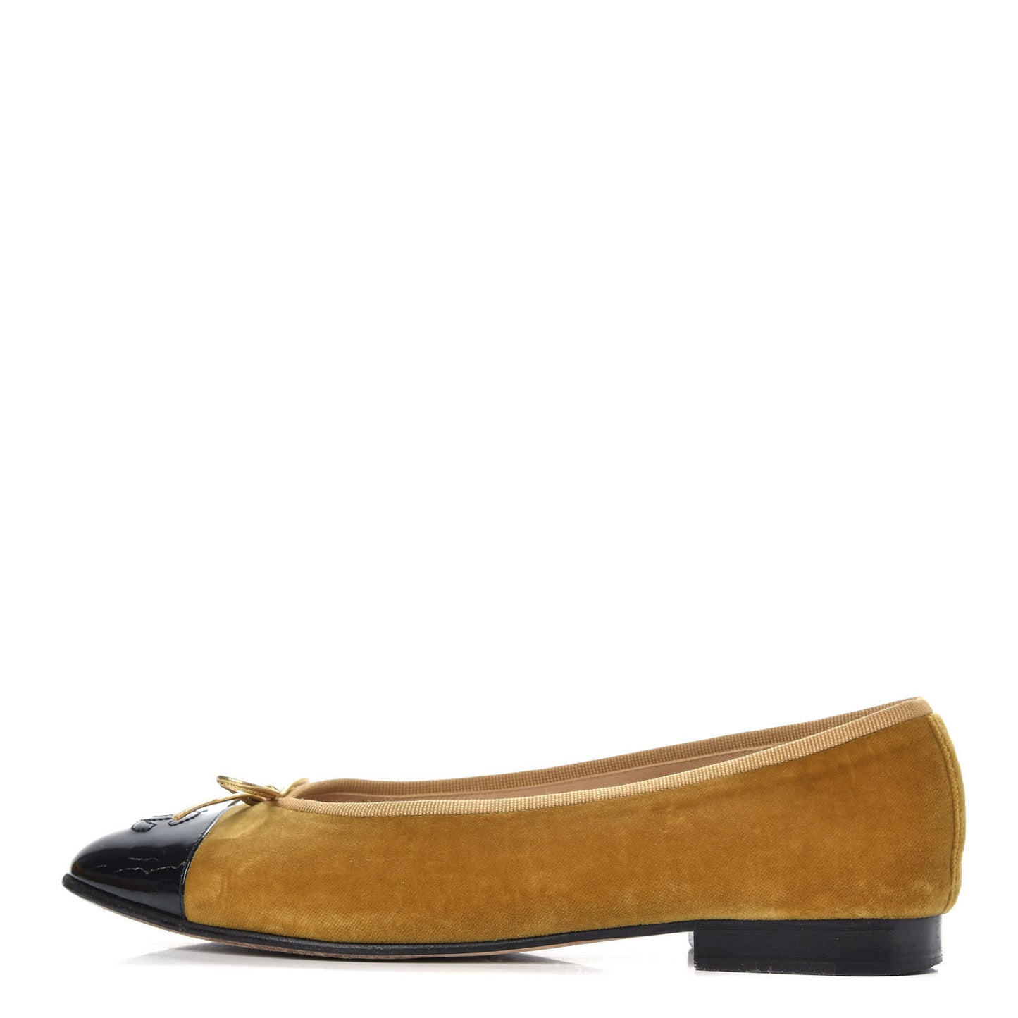 Velvet Patent Calfskin Cap Toe Ballerina Flats 37.5 Gold Black