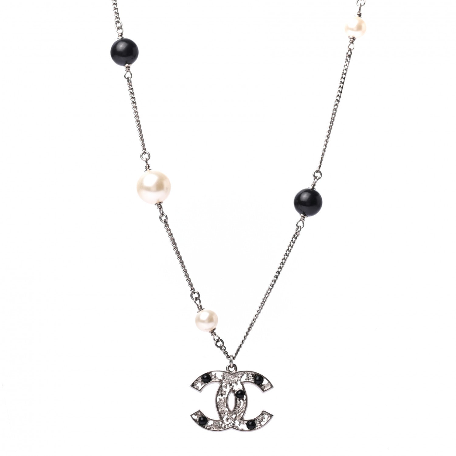 Chanel Pearl Resin Textured CC Necklace Silver Black 1 of 5