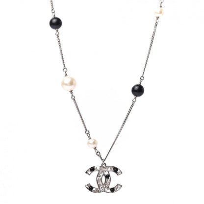 Chanel Pearl Resin Textured CC Necklace Silver Black 1 of 5