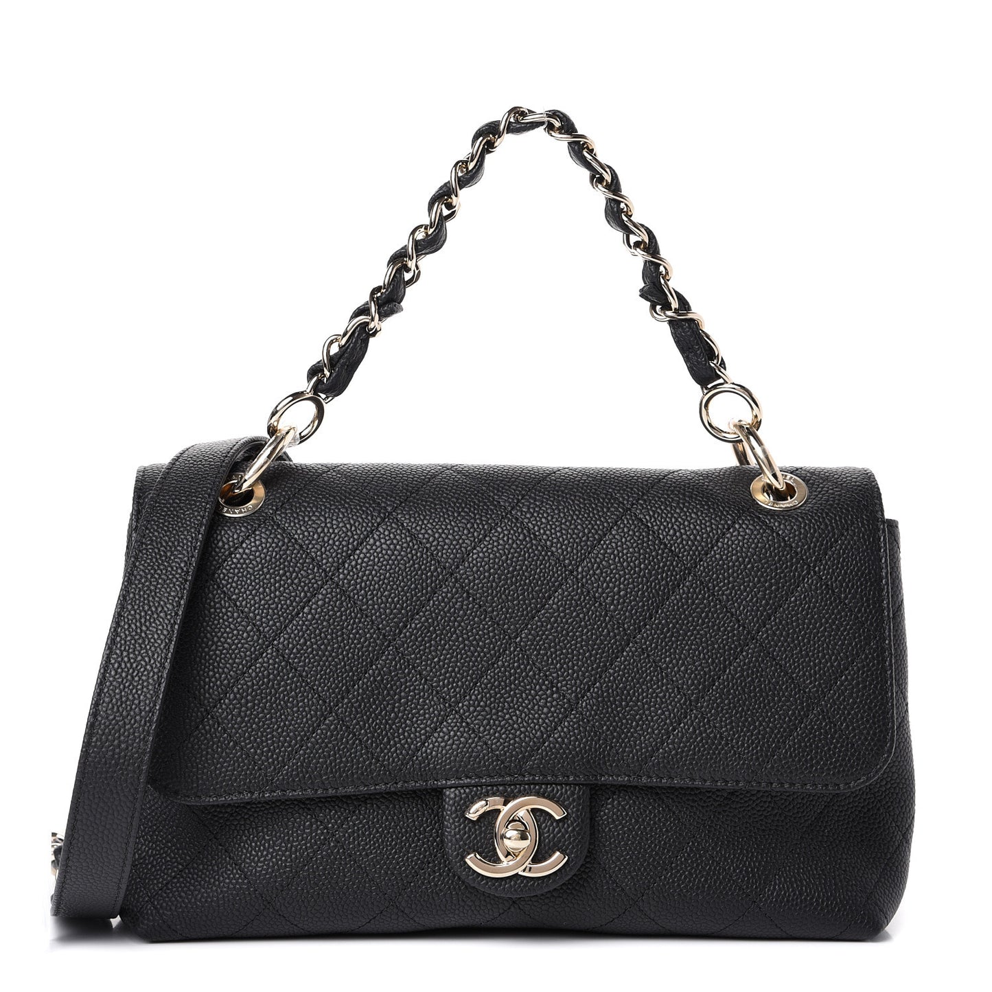 Grained Calfskin Stitched Medium Flap Black