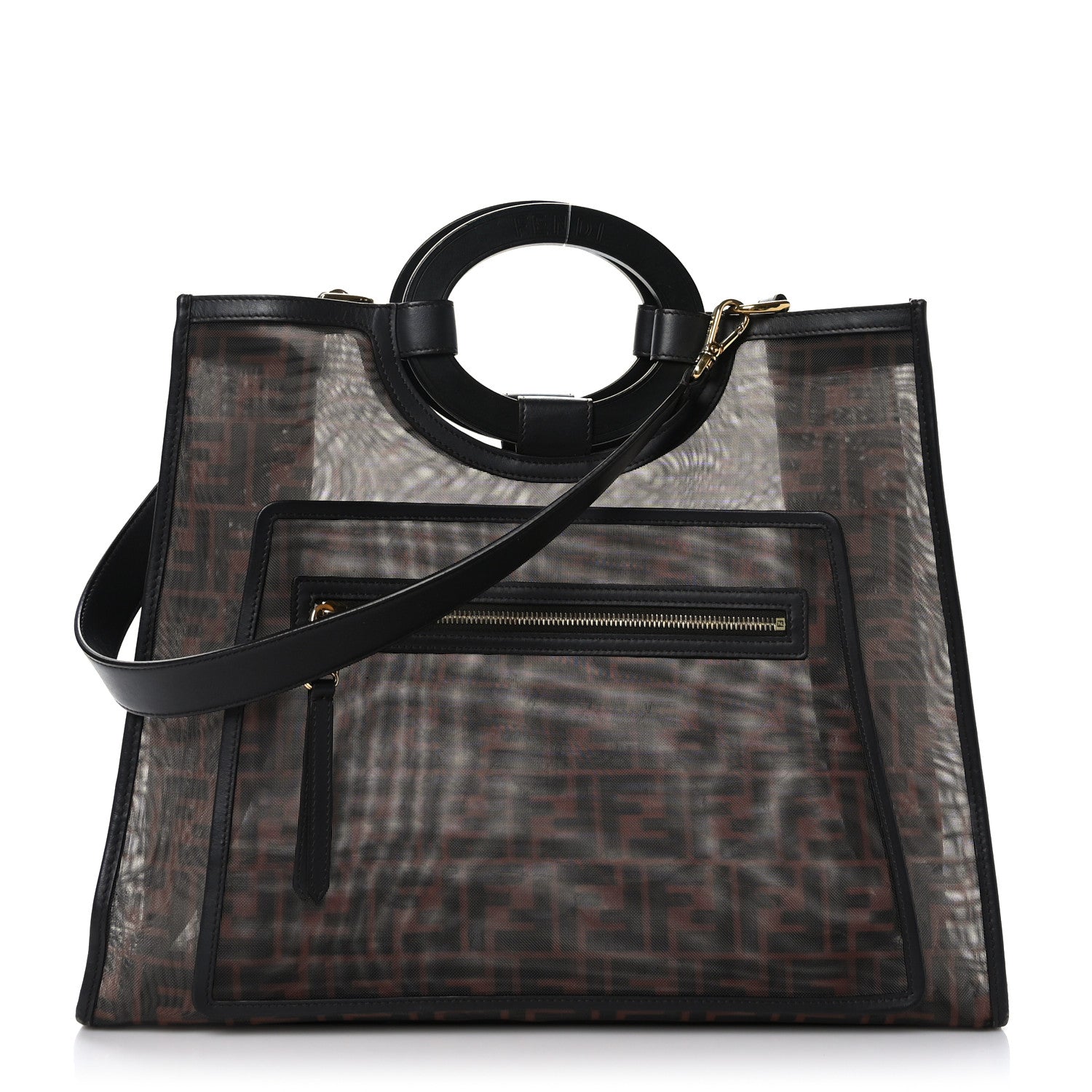 Fendi Mesh Vitello Century Cuoio FF 1974 Medium Runaway Shopper Tote Marrone Black Ebano 1 of 13