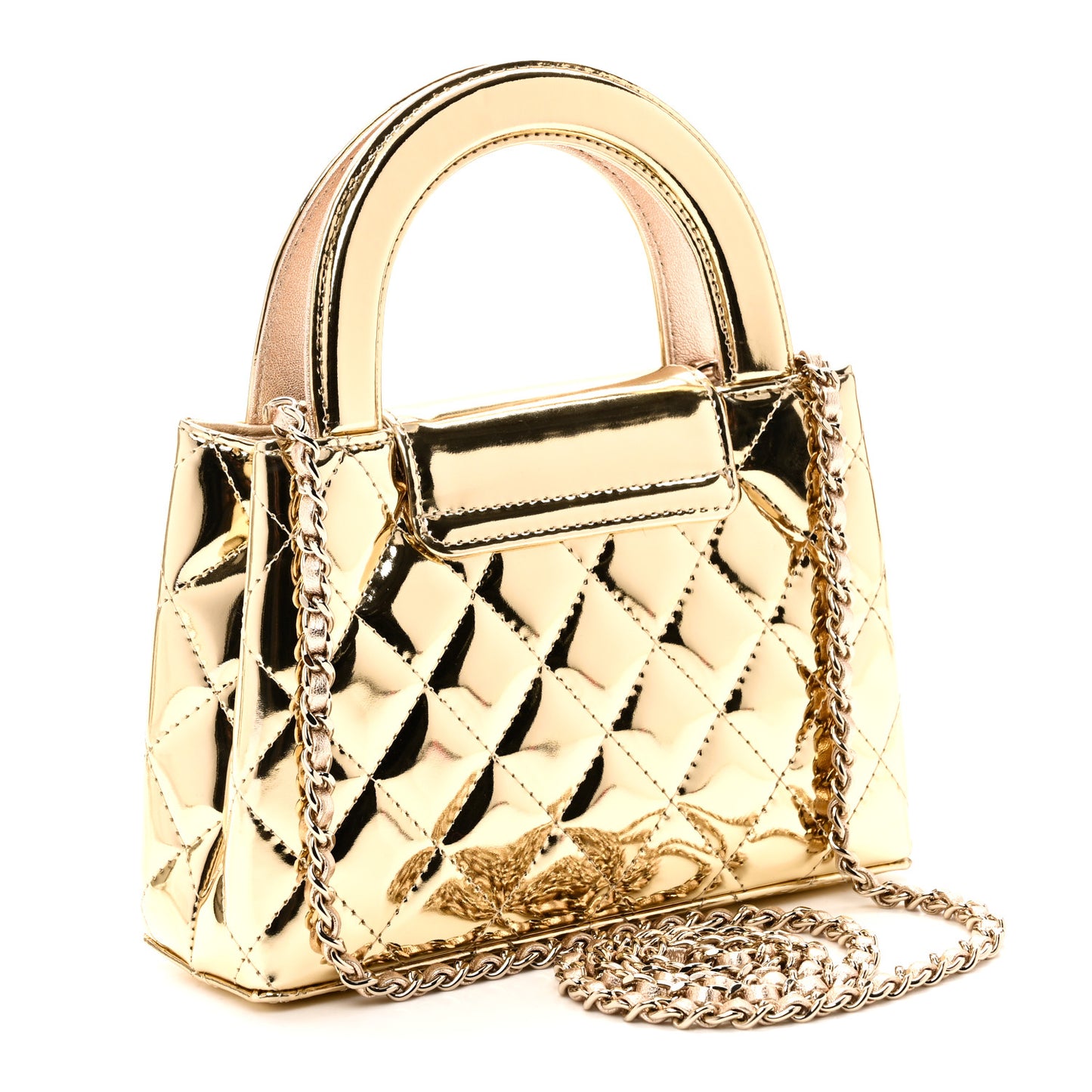 Mirror Calfskin Metallic Calfskin Quilted Nano Kelly Shopper Gold