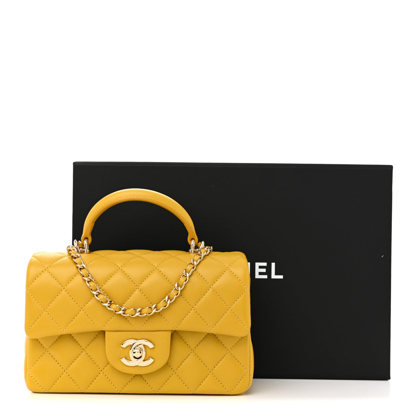Lambskin Quilted Mini Top Handle Rectangular Flap Yellow