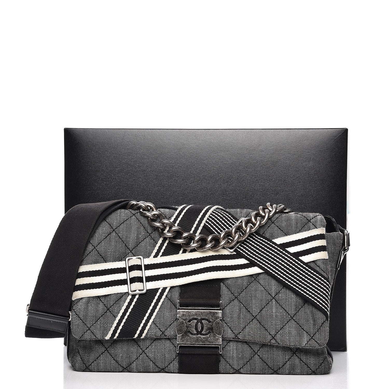 Chanel Denim Toile Quilted Belt Flap Black White 9 of 9