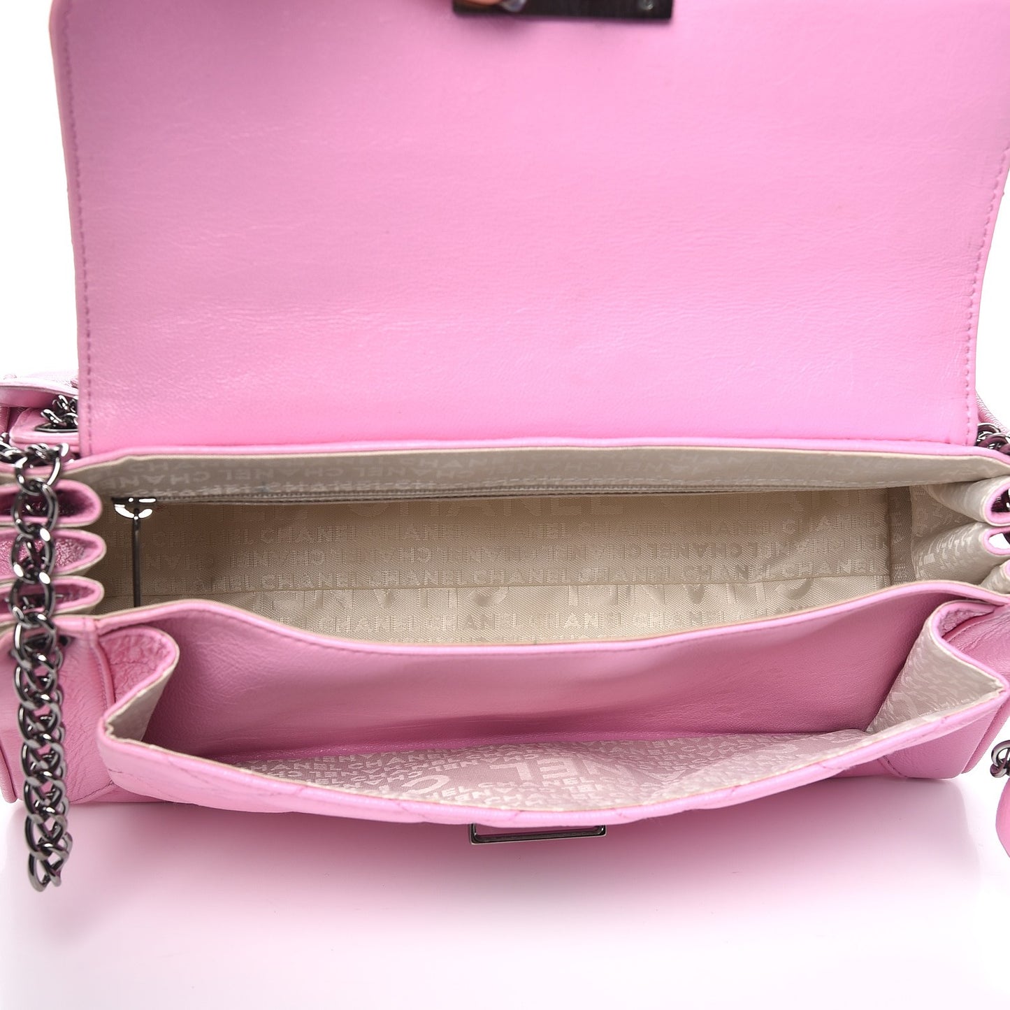 Glazed Calfskin Quilted Lucky Charms East West Accordion Flap Pink