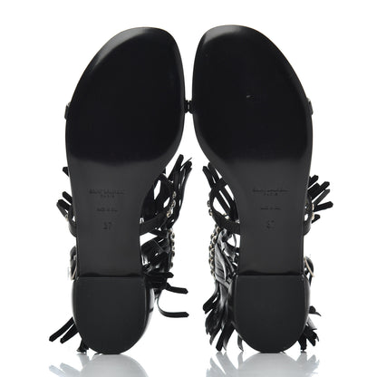 Saint Laurent Calfskin Studded Fringe Cyuko Sandals 37 Black 5 of 18