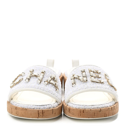 Chanel Tweed Cork CC Chain Mule Sandal 35.5 White 2 of 8
