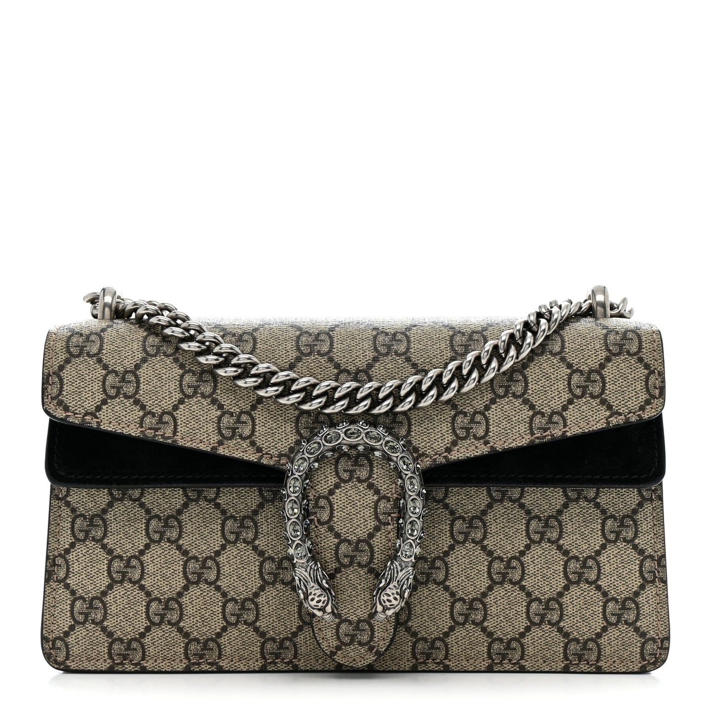 GG Supreme Monogram Suede Crystal Small Dionysus Shoulder Bag Beige Ebony Black