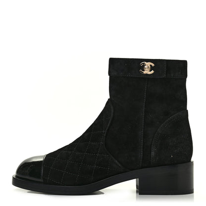 Chanel Suede Patent Calfskin Quilted Cap Toe Short Boots 37.5 Black 1 of 8