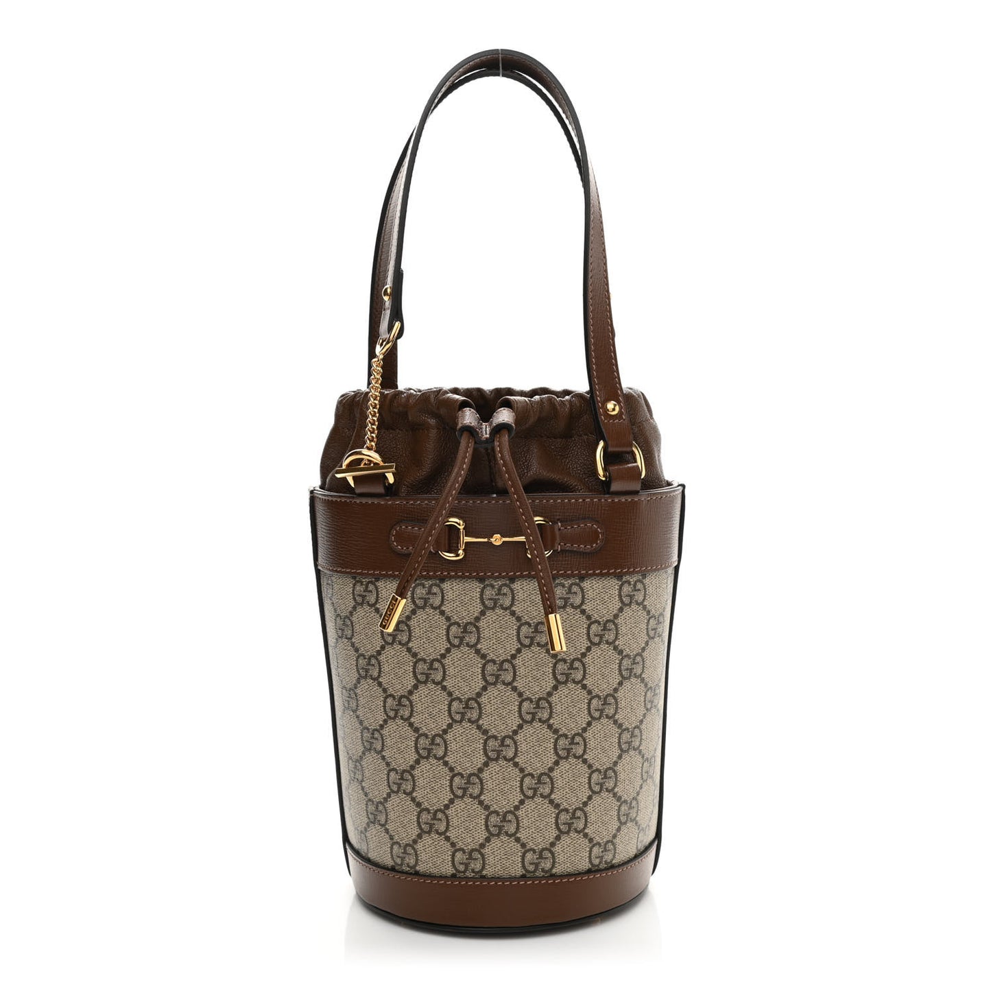 GG Supreme Monogram Azalea Sakai Calfskin Small Horsebit 1955 Drawstring Bucket Bag Beige Ebony Brown Sugar