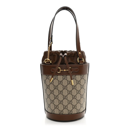 Gucci GG Supreme Monogram Azalea Sakai Calfskin Small Horsebit 1955 Drawstring Bucket Bag Beige Ebony Brown Sugar 1 of 10