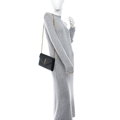 Saint Laurent Grain De Poudre Matelasse Chevron Monogram Envelope Chain Wallet Black 2 of 11