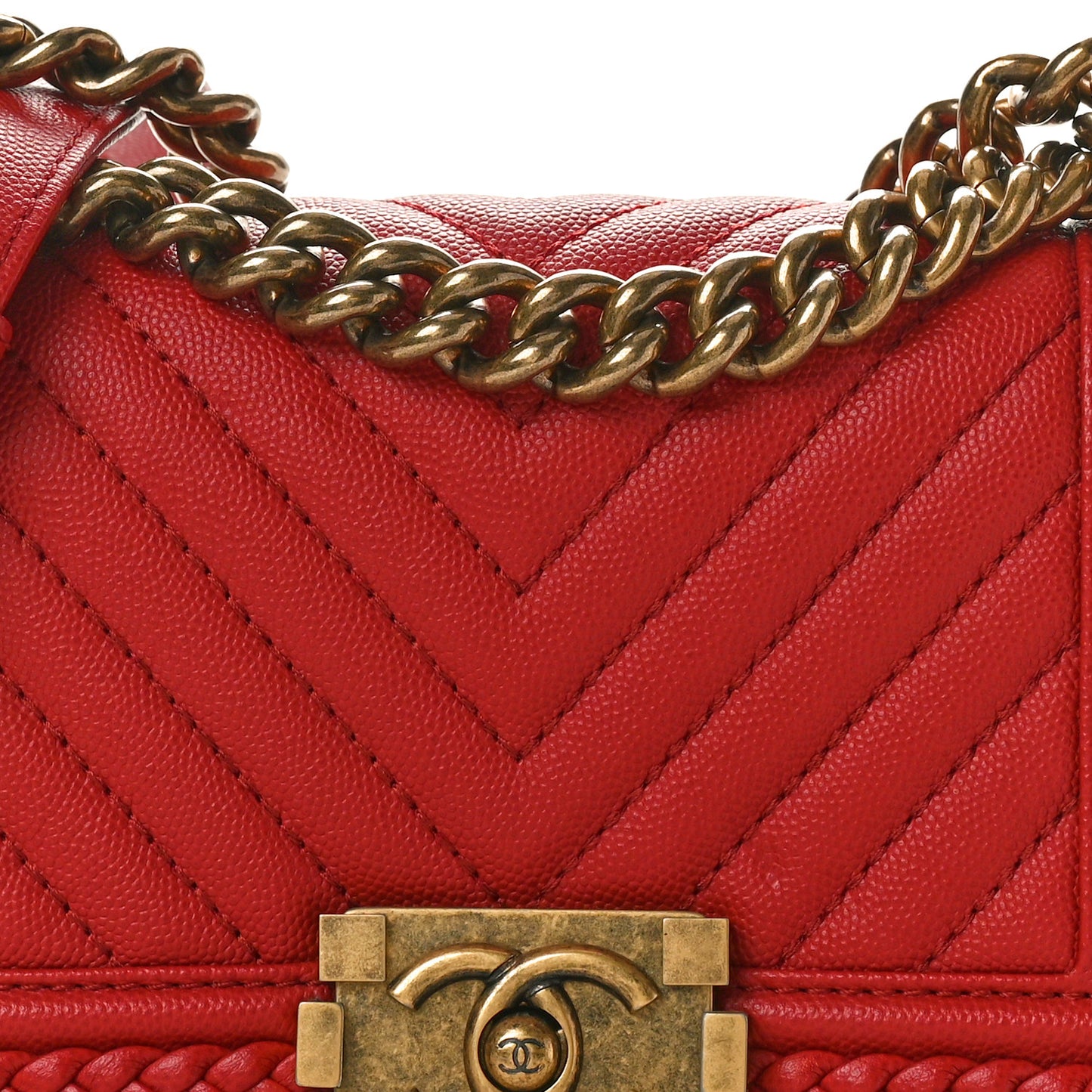 Caviar Chevron Quilted Braided Small Boy Flap Red