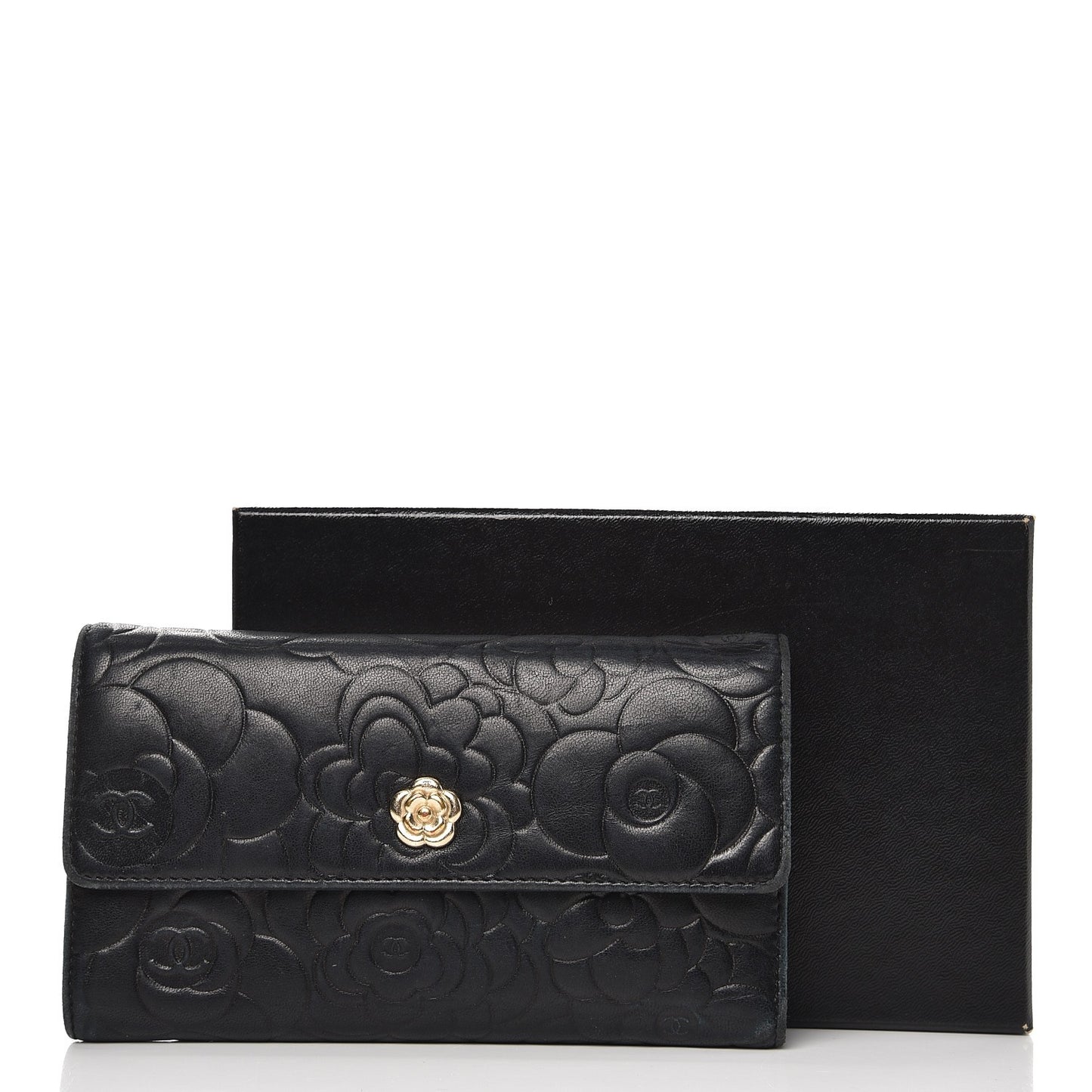 Lambskin Embossed Camellia Flap Wallet Black