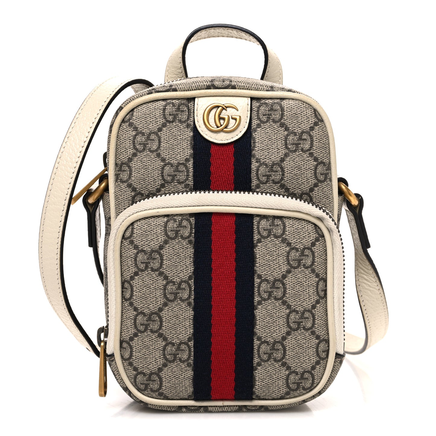 GG Supreme Monogram Web Mini Ophidia Double Zip Messenger Bag Beige Ebony Mystic White