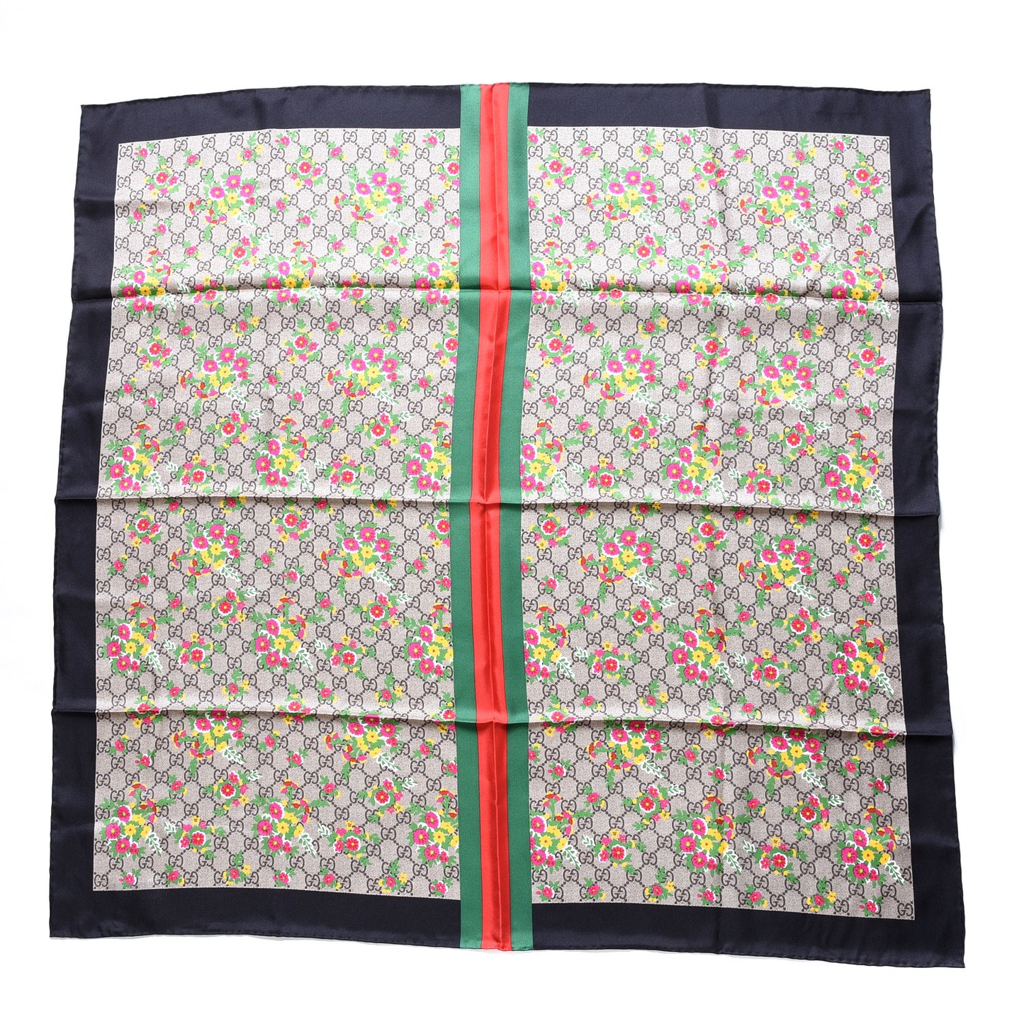 Silk Monogram Floral Web Square Scarf Black Multicolor