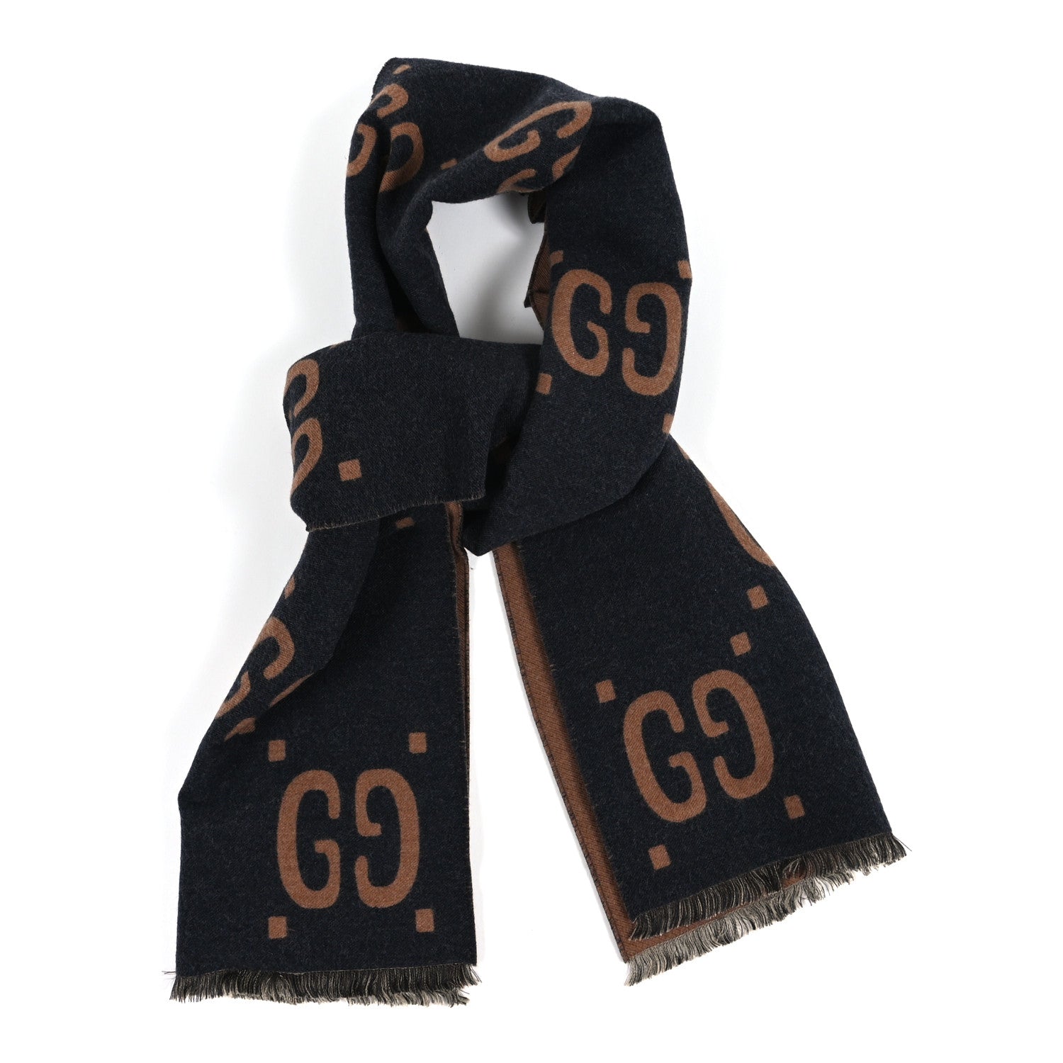 Gucci Wool Silk Monogram Jumbo GG Freedom Scarf Dark Brown Beige 1 of 3