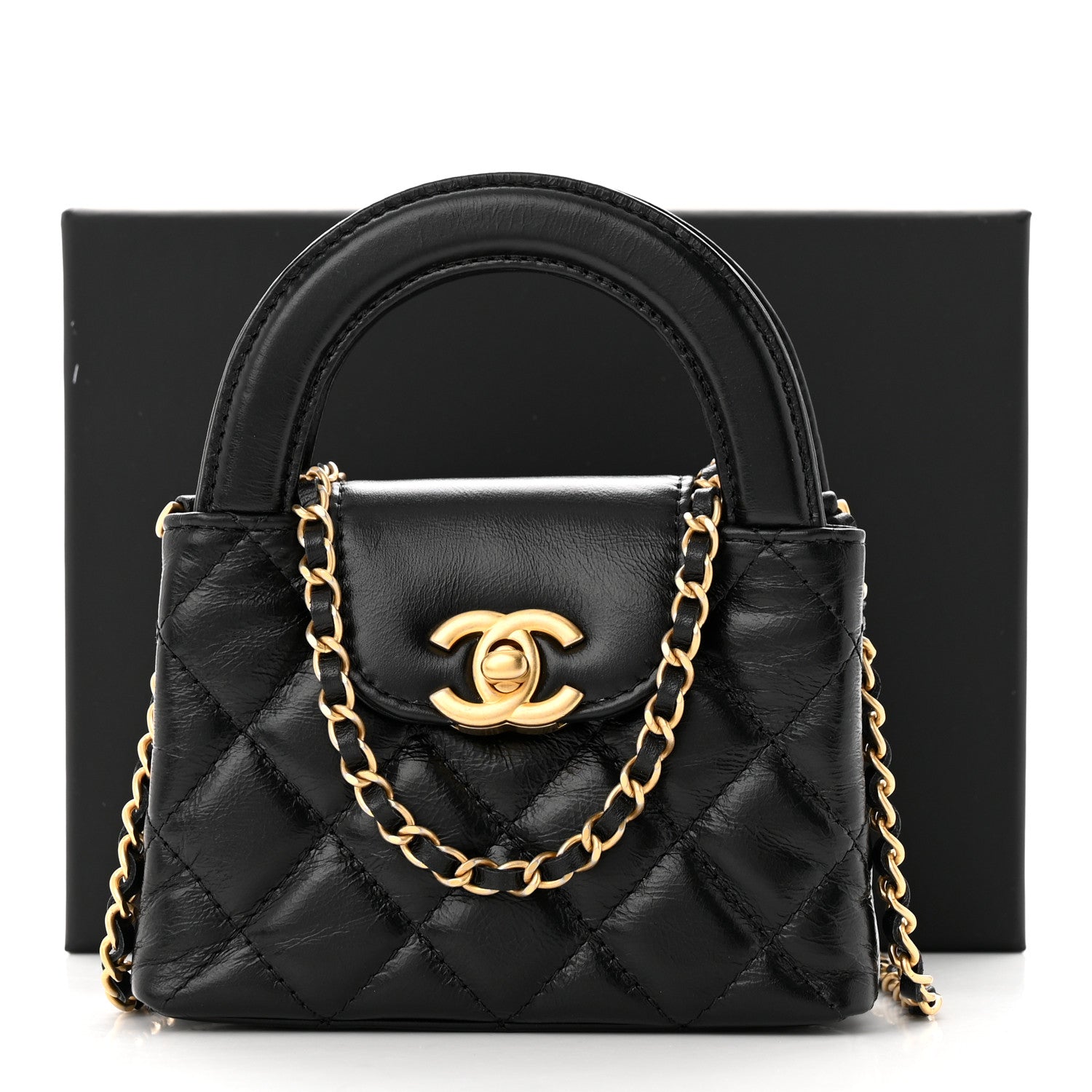 Chanel Shiny Aged Calfskin Quilted Mini Nano Kelly Shopper Black 11 of 11