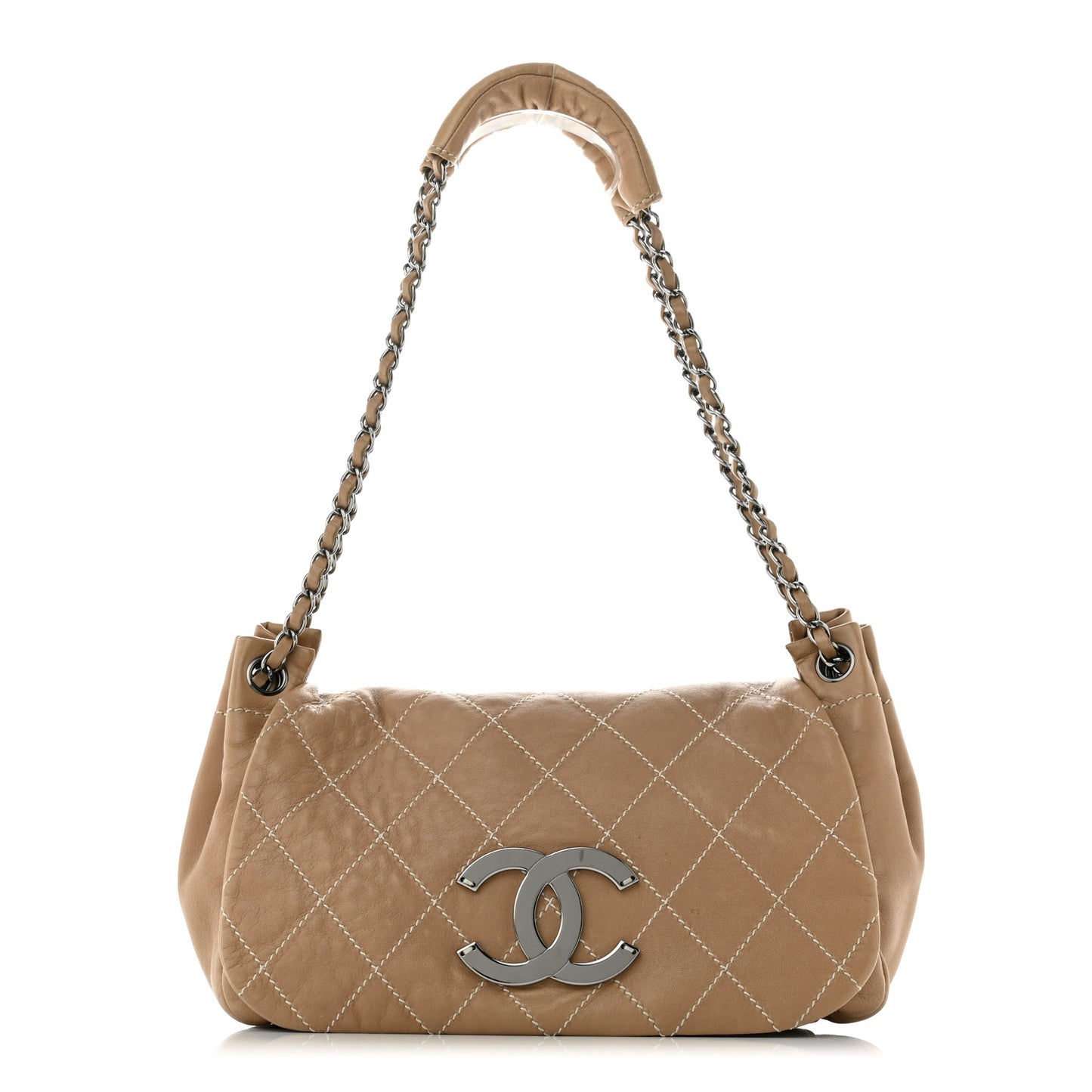 Lambskin Contrast Stitch Surpique Accordion Flap Beige
