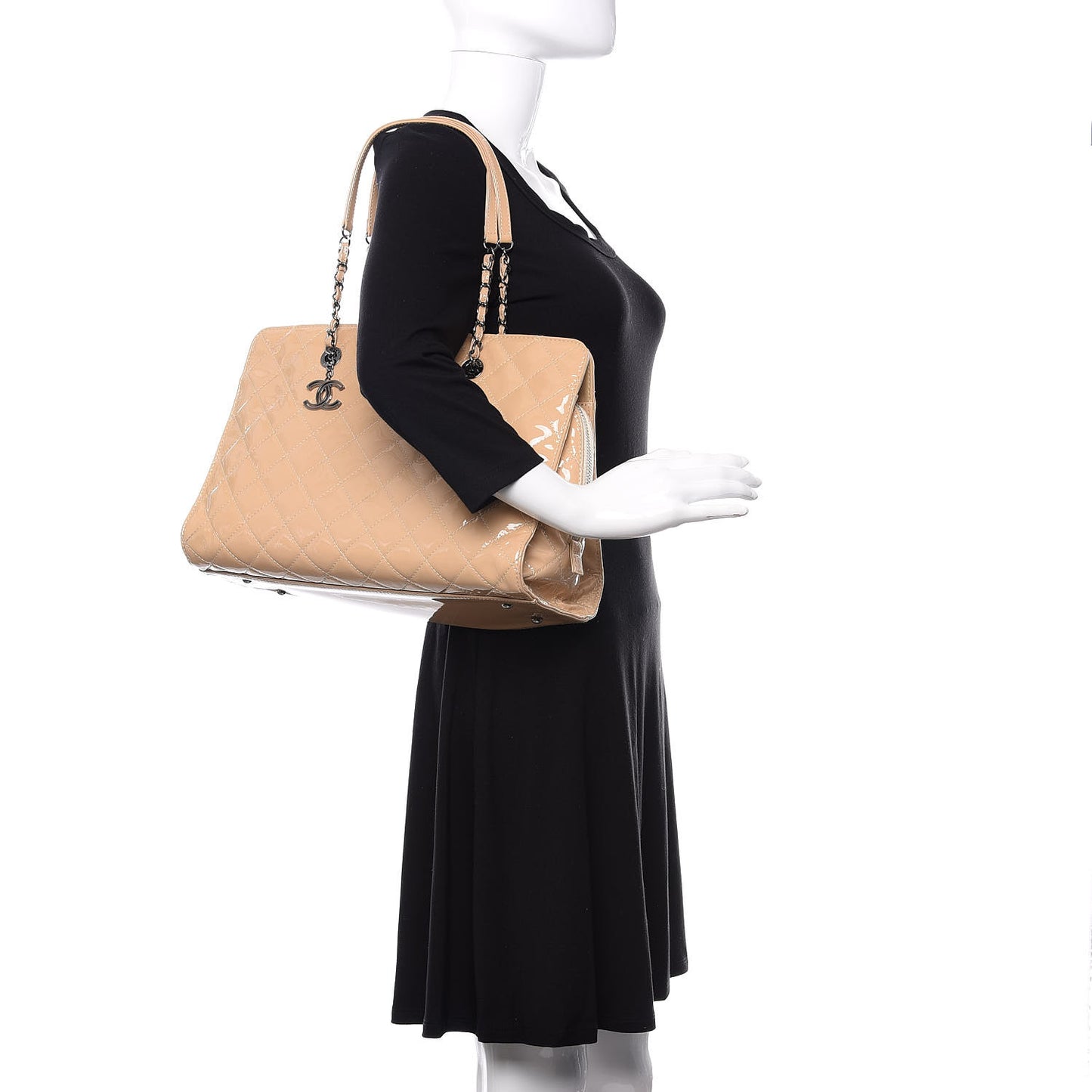 Patent Calfskin Quilted Shopping Tote Beige