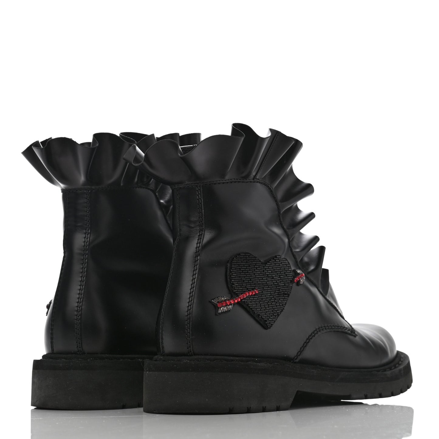 Calfskin Ruffle Heart Love Combat Boots 38 Black