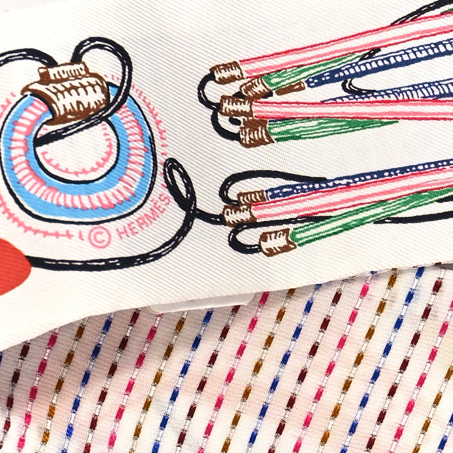 Hermes Silk Kantha Chevaloscope Neon Twilly White Bleu Rouge 4 of 4