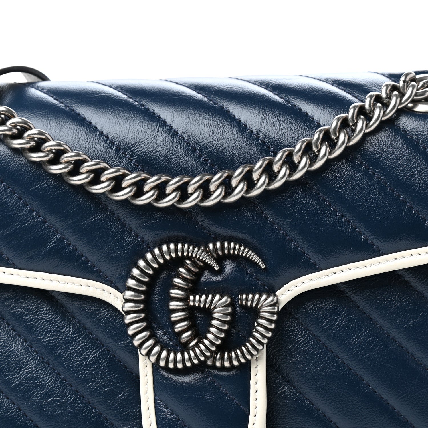 Gucci Vintage Effect Calfskin Matelasse Diagonal Small Torchon GG Marmont Shoulder Bag Blue Agata Mystic White 10 of 10