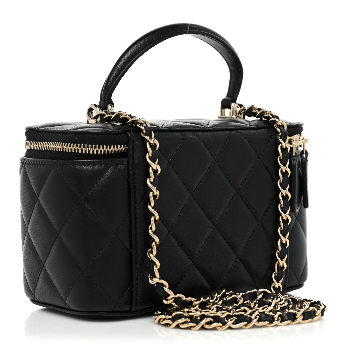 Lambskin Quilted Small Top Handle Vanity Case With Chain Black