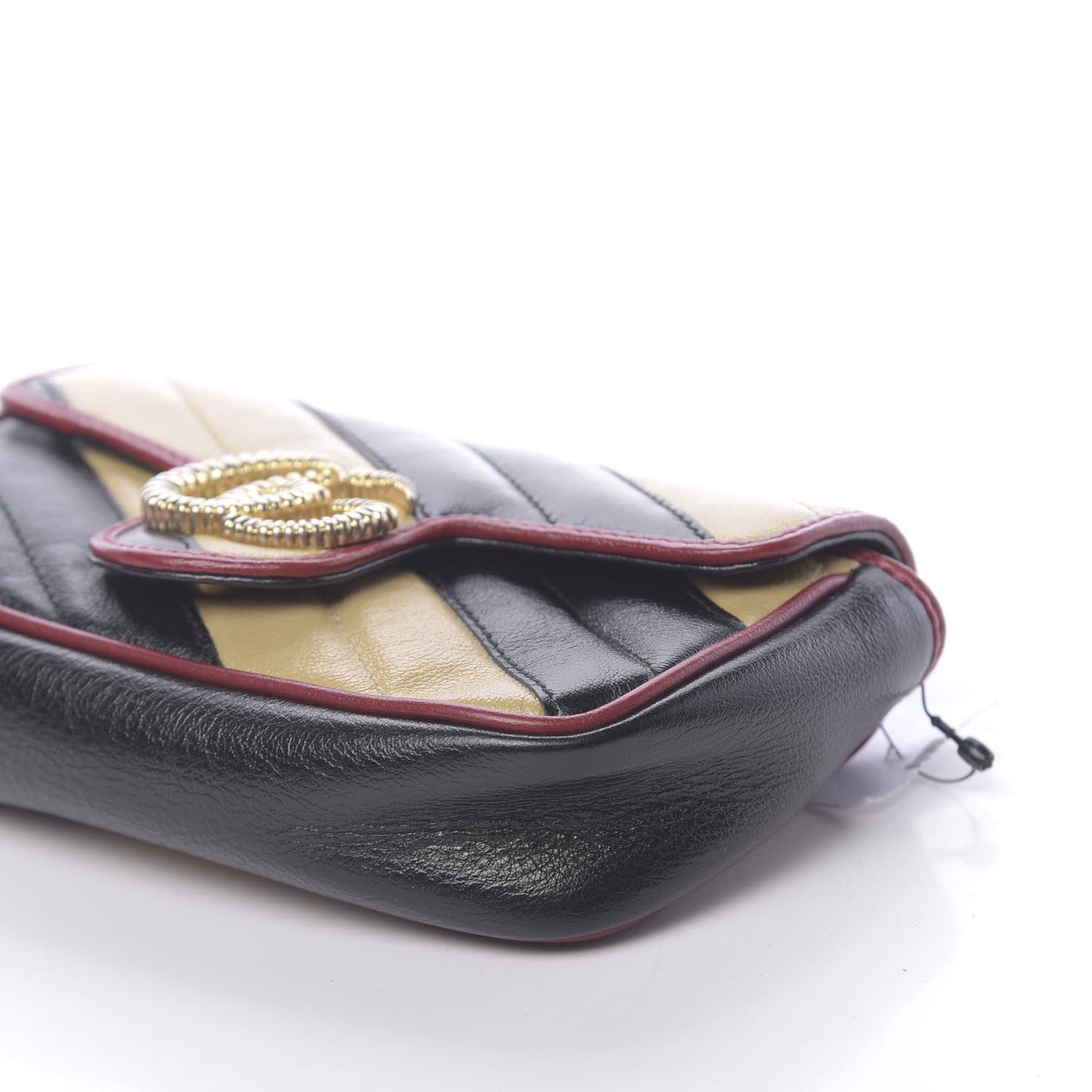 Vintage Effect Calfskin Matelasse Diagonal Striped Super Mini Torchon GG Marmont Shoulder Bag Black Beige