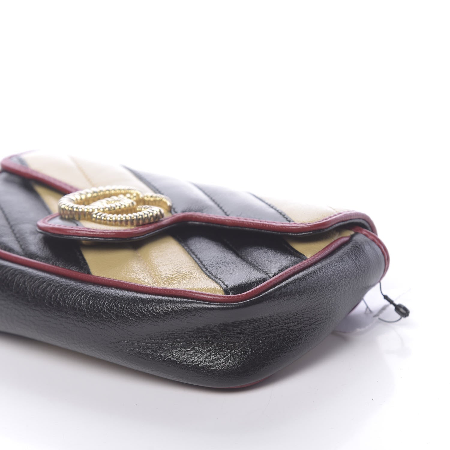 Gucci Vintage Effect Calfskin Matelasse Diagonal Striped Super Mini Torchon GG Marmont Shoulder Bag Black Beige 9 of 10