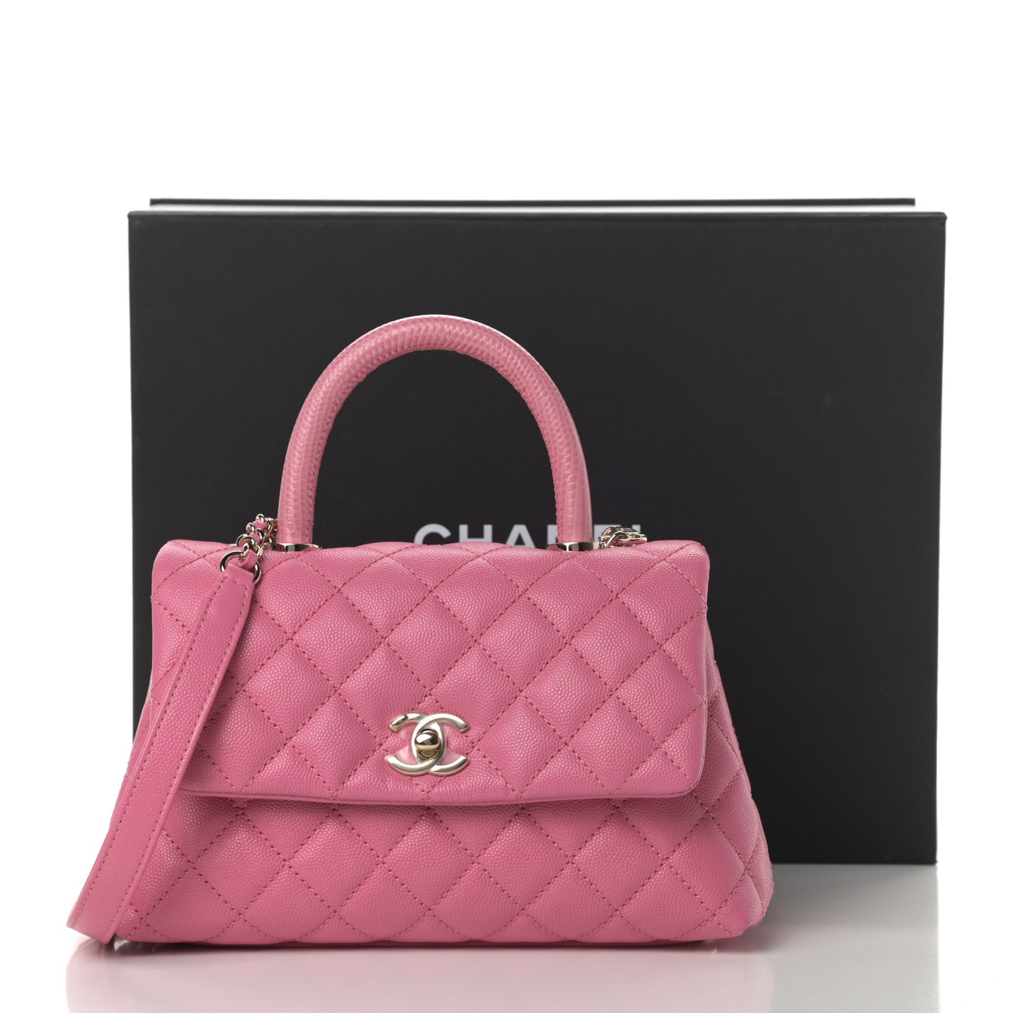 Caviar Lizard Embossed Quilted Mini Coco Handle Flap Pink