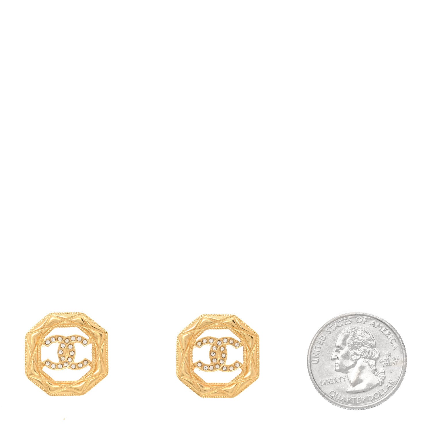 Chanel Metal Crystal Quilted CC Octagonal Stud Earrings Gold 2 of 4