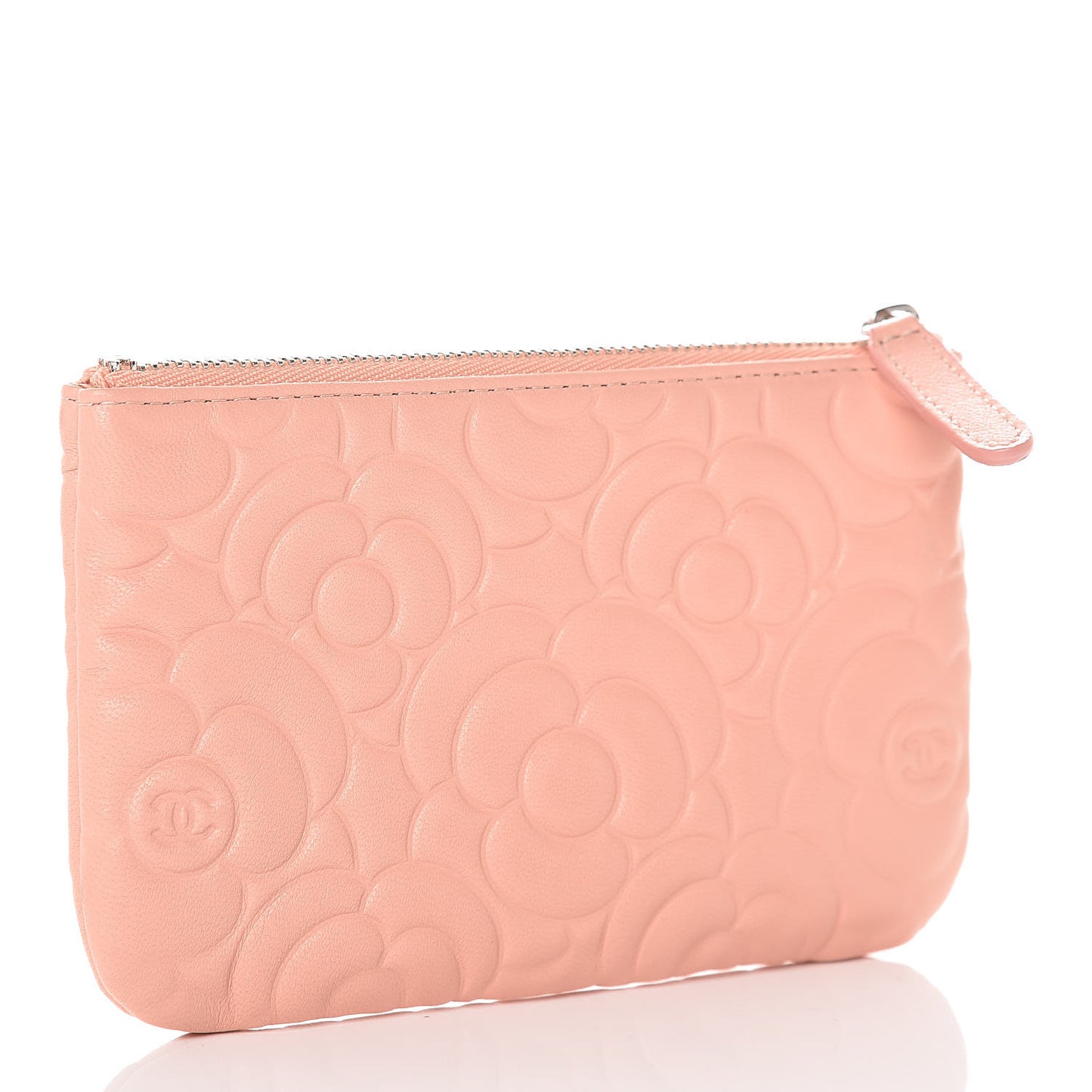 Goatskin Camellia Embossed Cosmetic Pouch Pink