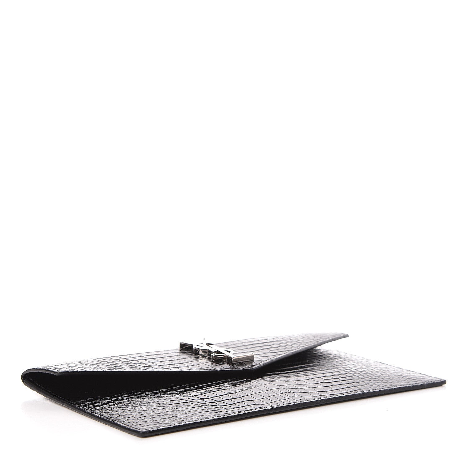 Saint Laurent Calfskin Crocodile Embossed Uptown Monogram Clutch Black 4 of 8