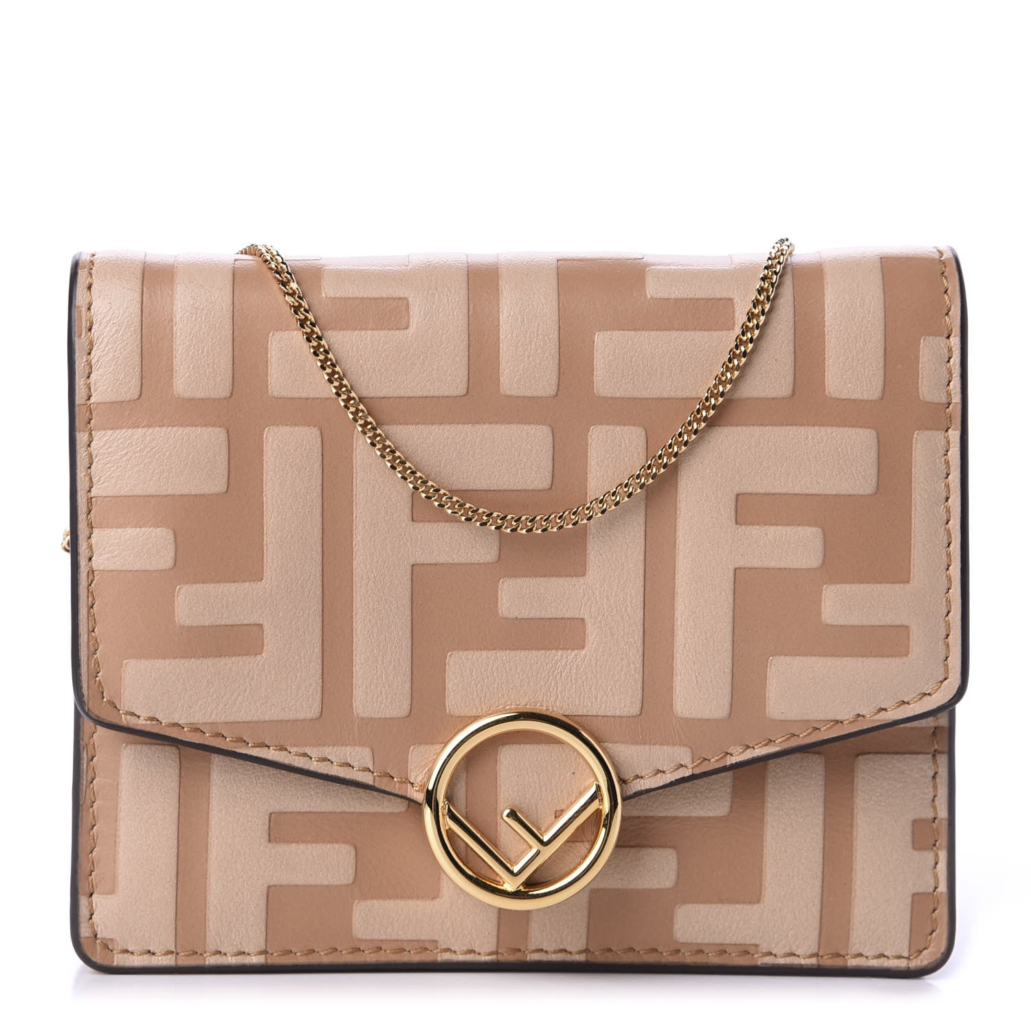 Fendi Vitello Termolagoon F is Fendi FF 1974 Embossed Geometric Flap Wallet On Chain Miele Scuro 1 of 10