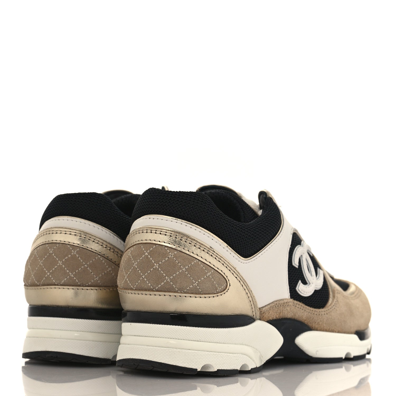 Chanel Mesh Suede Calfskin Womens CC Sneakers 38.5 White Black Beige Gold 4 of 9