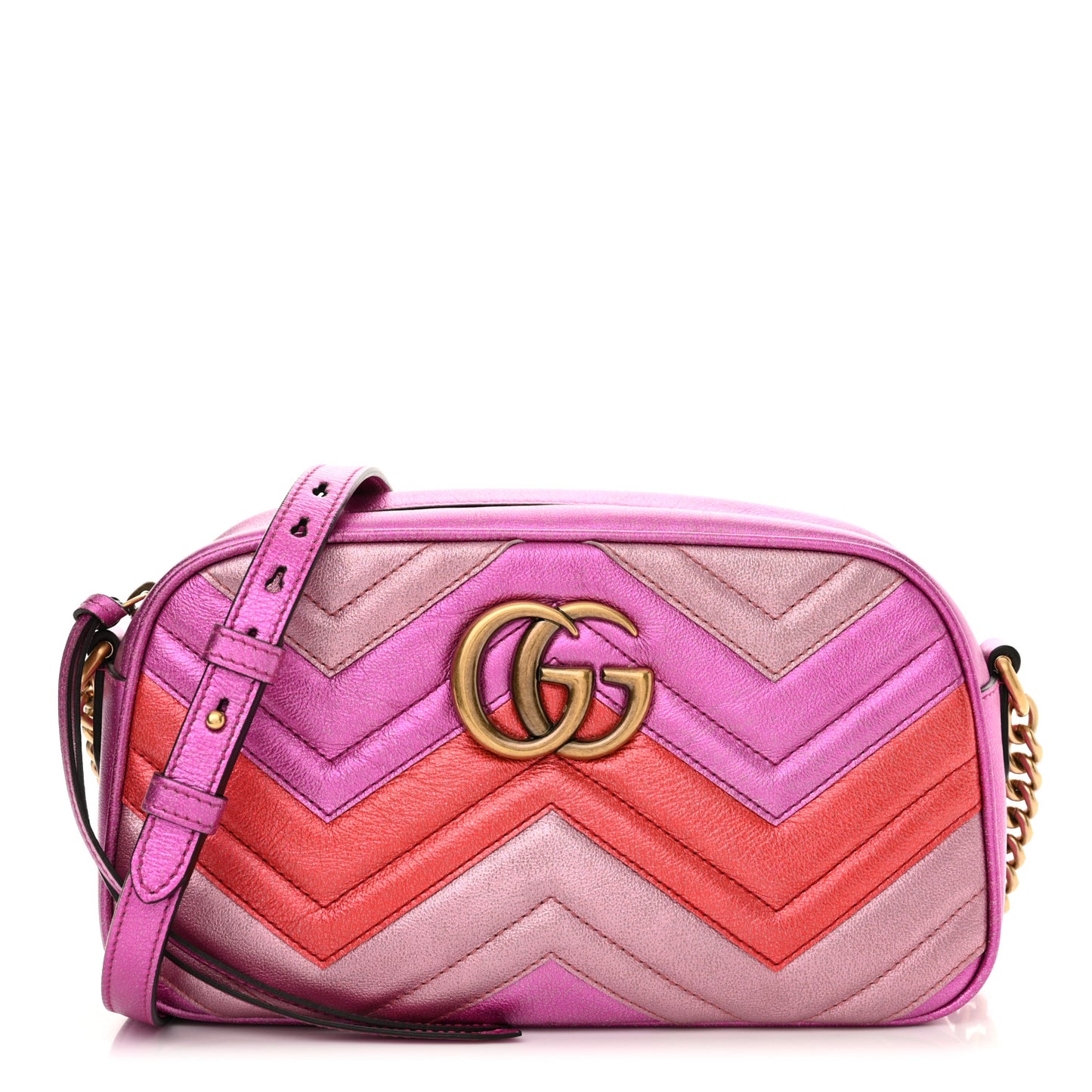 Laminated Nappa Matelasse Small GG Marmont Chain Shoulder Bag Fuxia Rosso Rosa