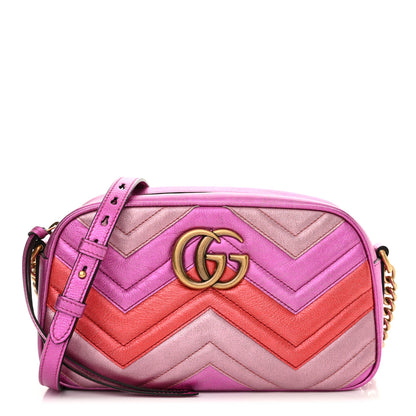 Gucci Laminated Nappa Matelasse Small GG Marmont Chain Shoulder Bag Fuxia Rosso Rosa 1 of 15