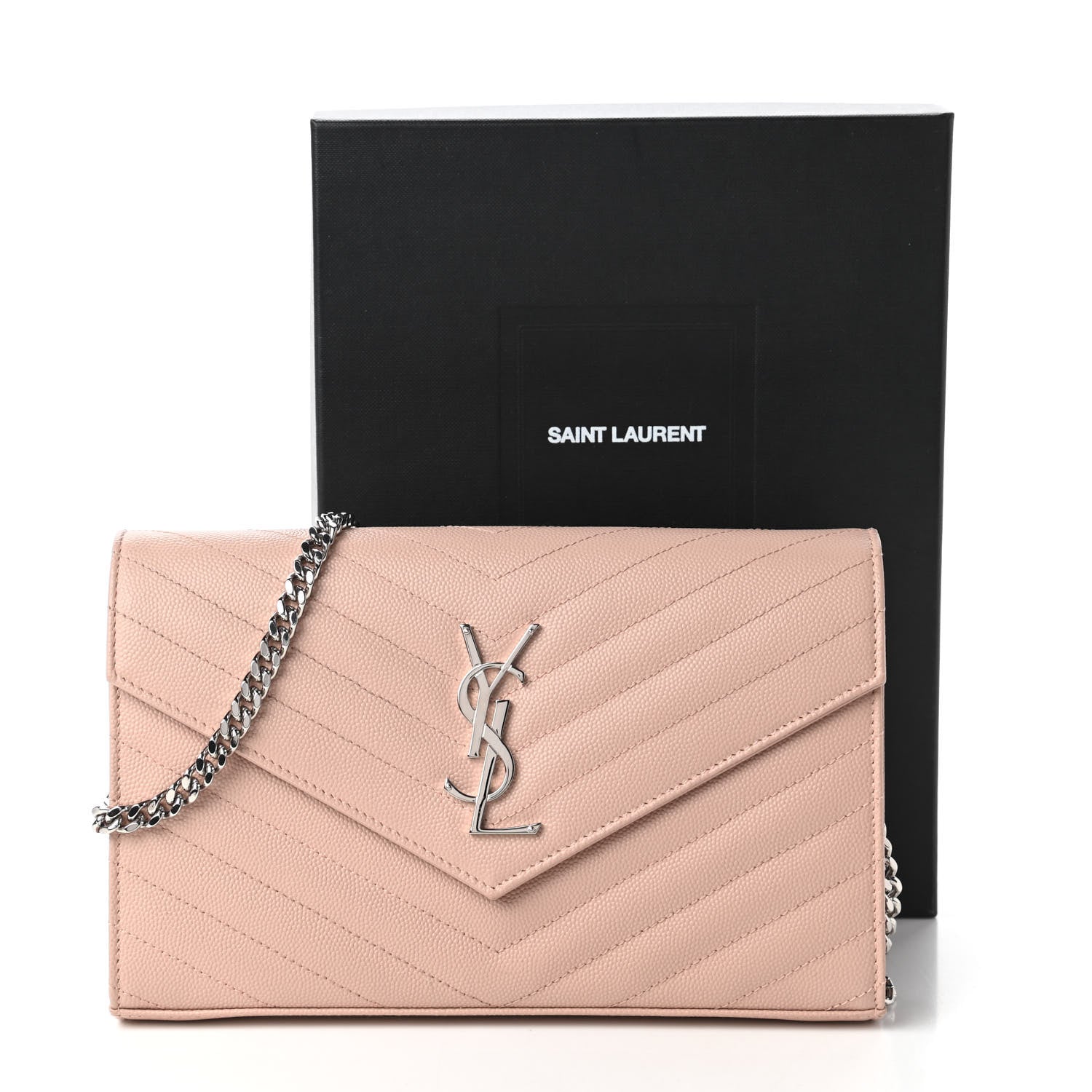 Saint Laurent Grain De Poudre Matelasse Chevron Monogram Chain Wallet Pale Pink 10 of 10
