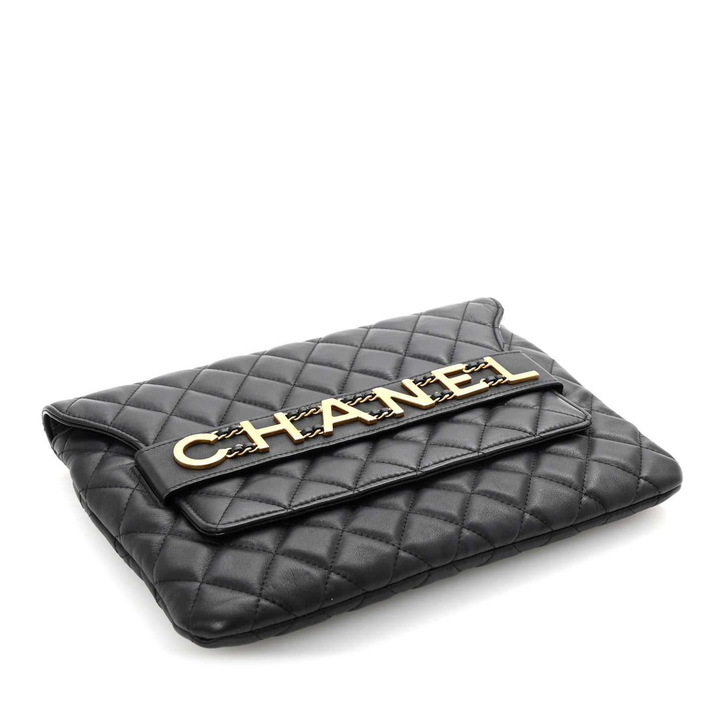 Calfskin Quilted Front Logo Enchained Clutch Black