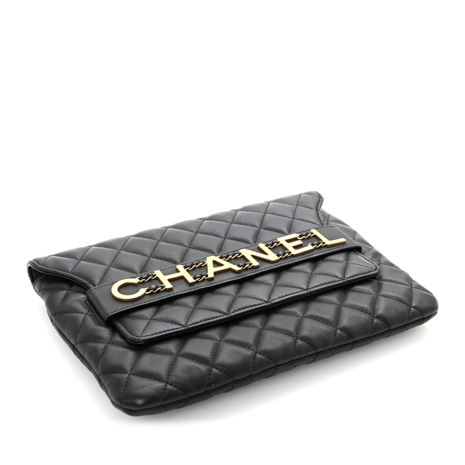 Chanel Calfskin Quilted Front Logo Enchained Clutch Black 4 of 8