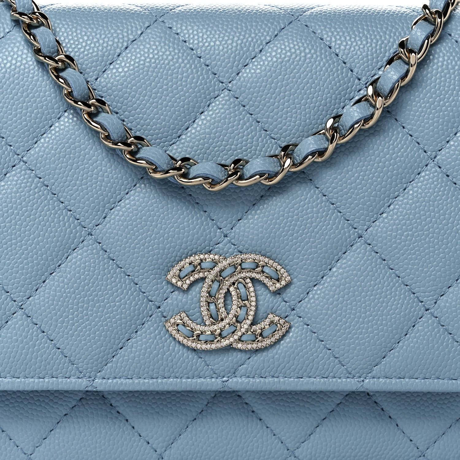 Chanel Caviar Quilted Crystal CC Wallet On Chain WOC Light Blue 8 of 12
