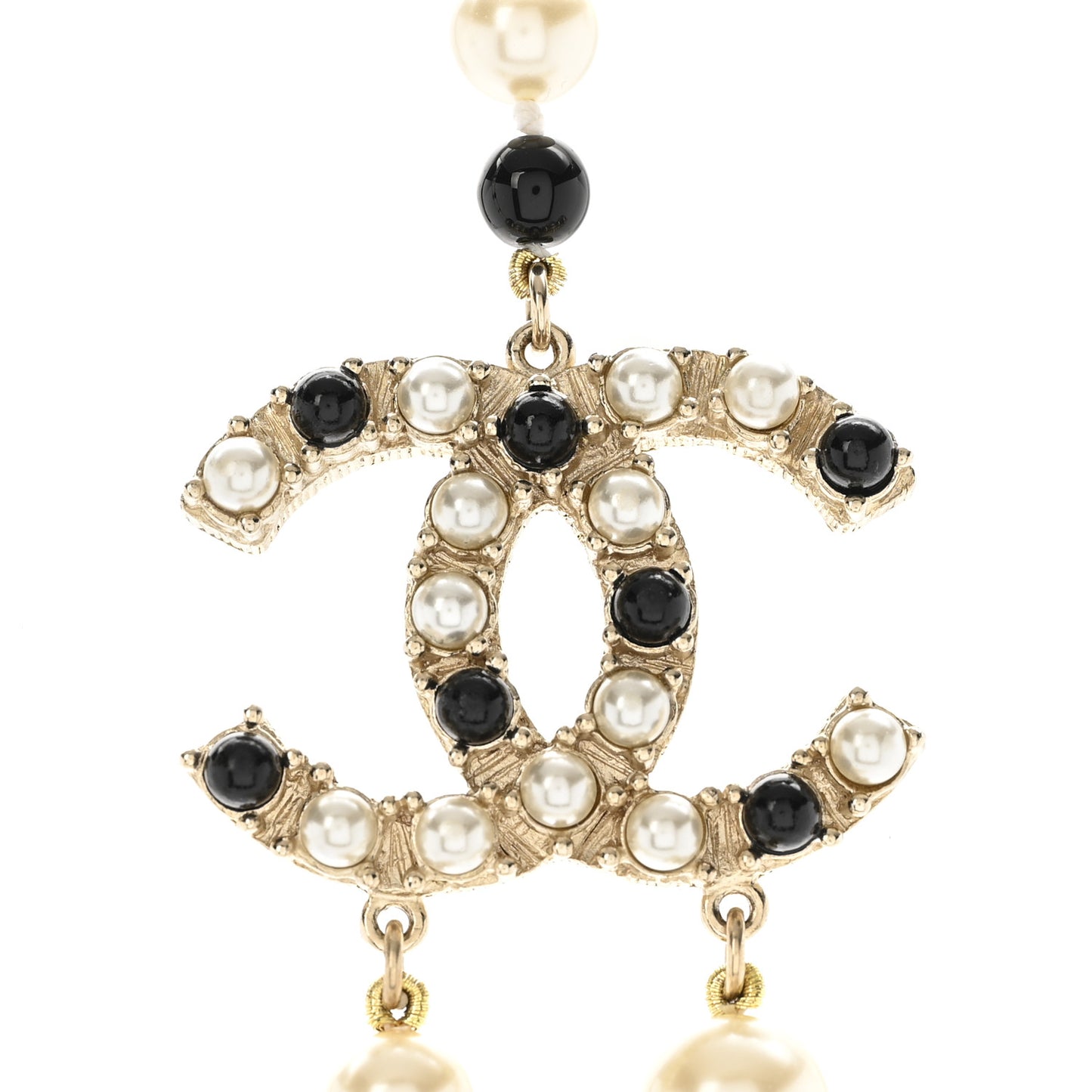 Pearl Resin Crystal CC Long Necklace Black Gold
