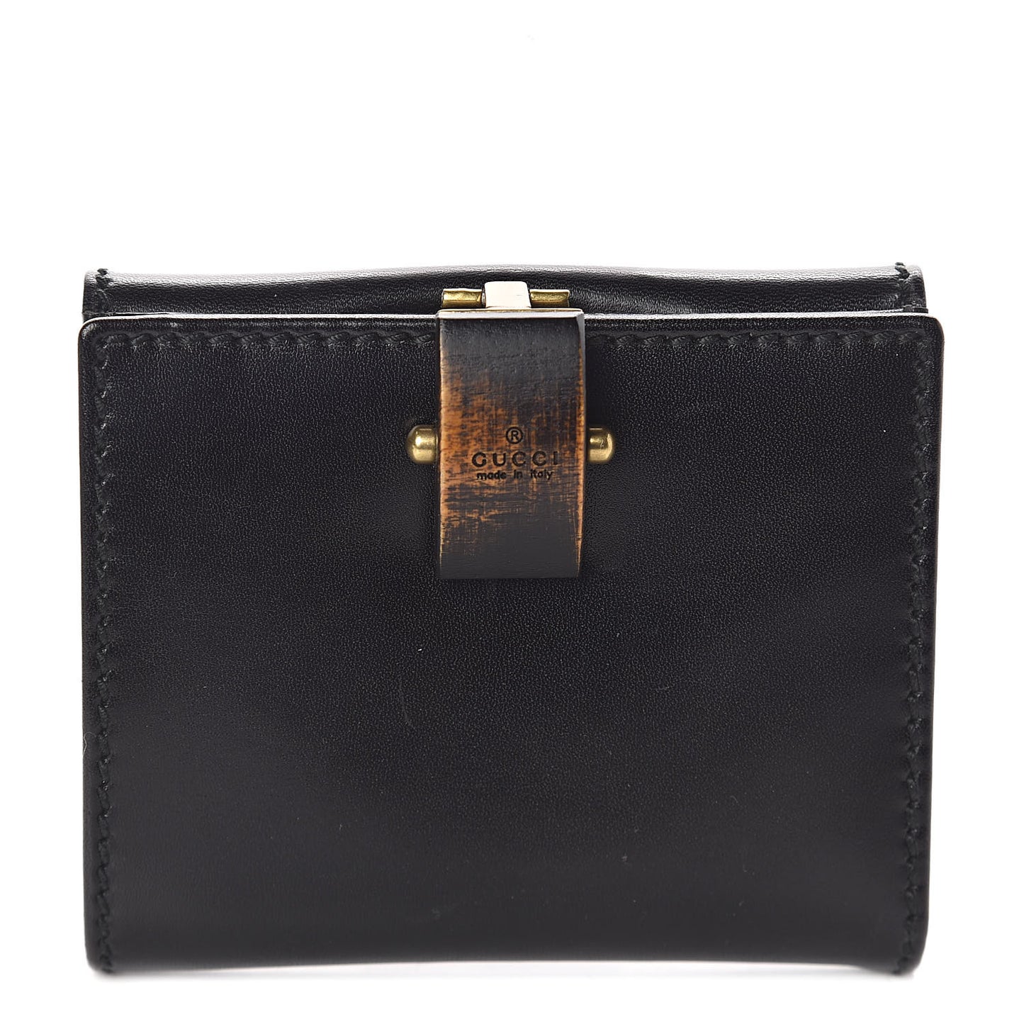 Calfskin Wood French Flap Wallet Black