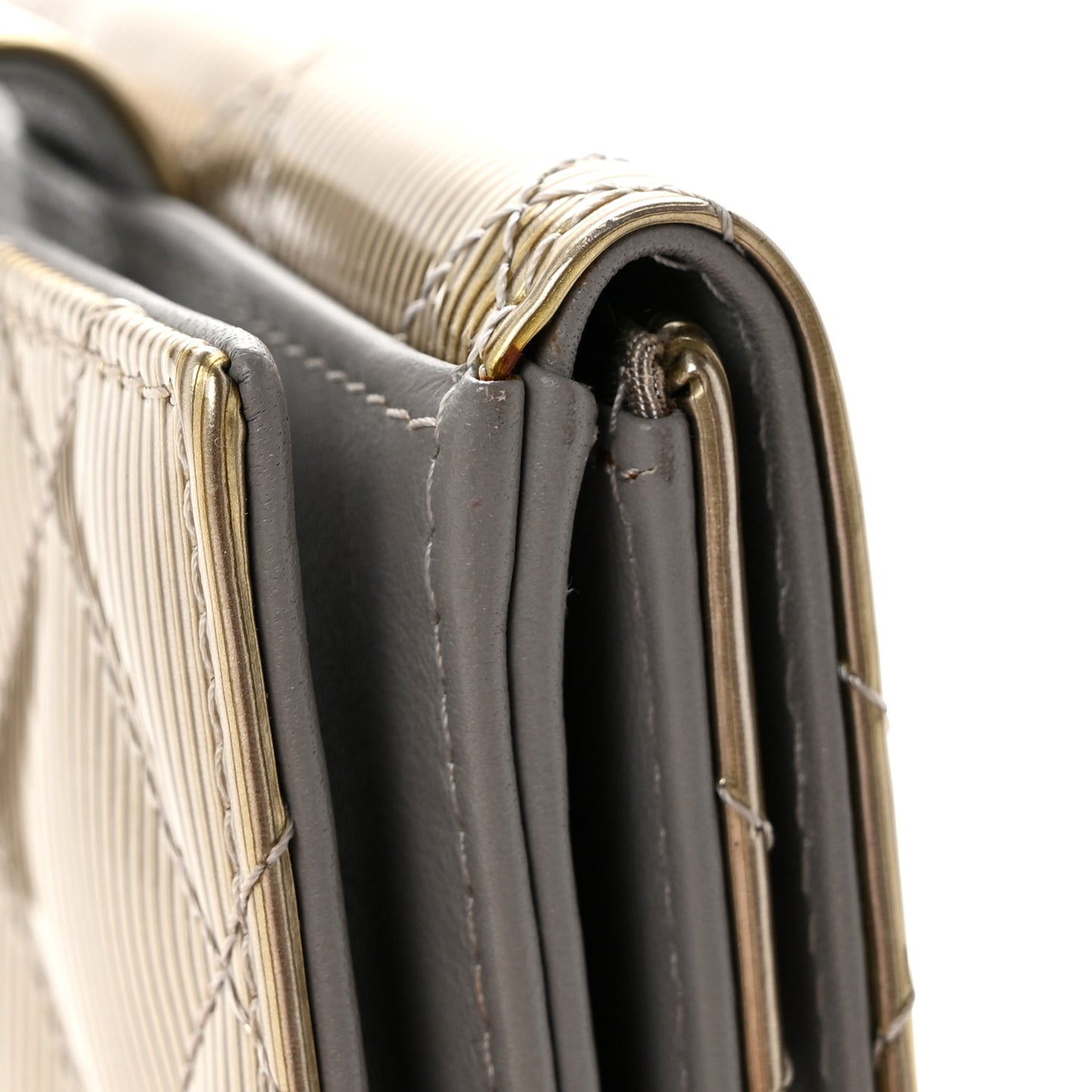 Striated Patent Quilted Compact French Flap Wallet Beige Beige
