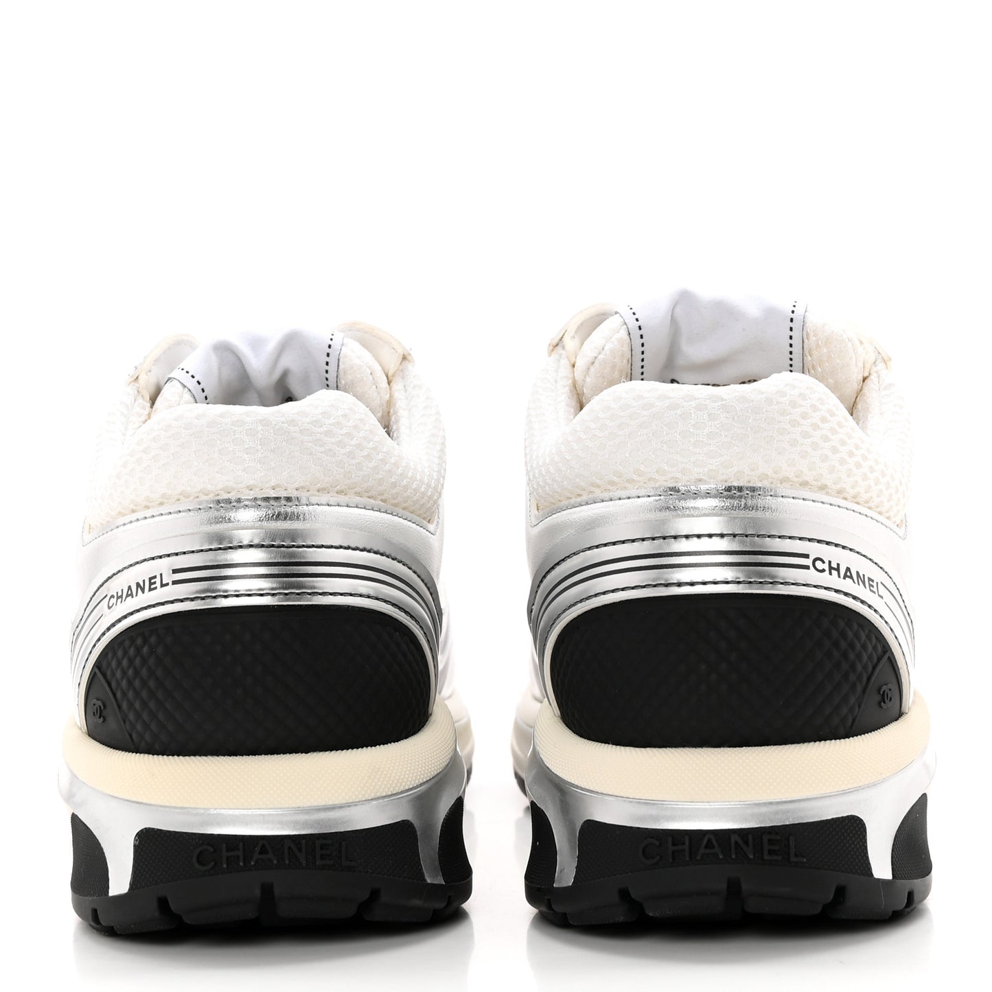Fabric Laminated Calfskin Stretch CC Womens Sneakers 40 White Silver