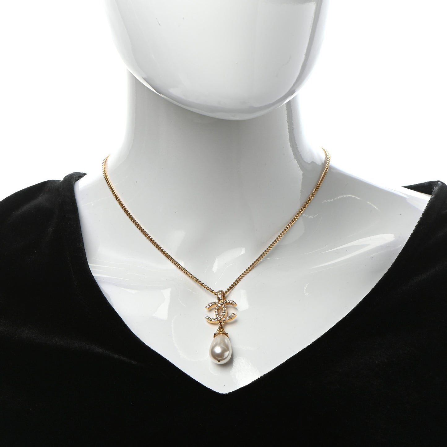 Pearl Crystal Twisted CC Drop Necklace Gold