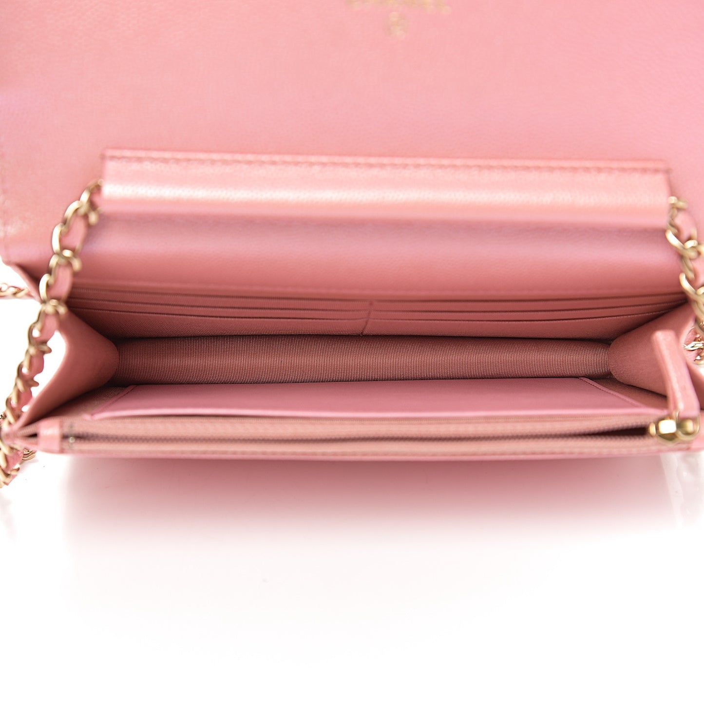 Iridescent Caviar Quilted Wallet on Chain WOC Rose Pink