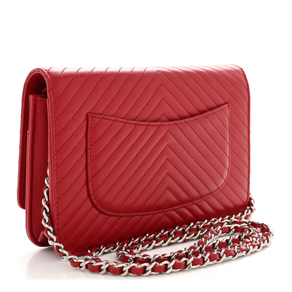 Chanel Caviar Chevron Quilted Wallet On Chain WOC Dark Red 3 of 11