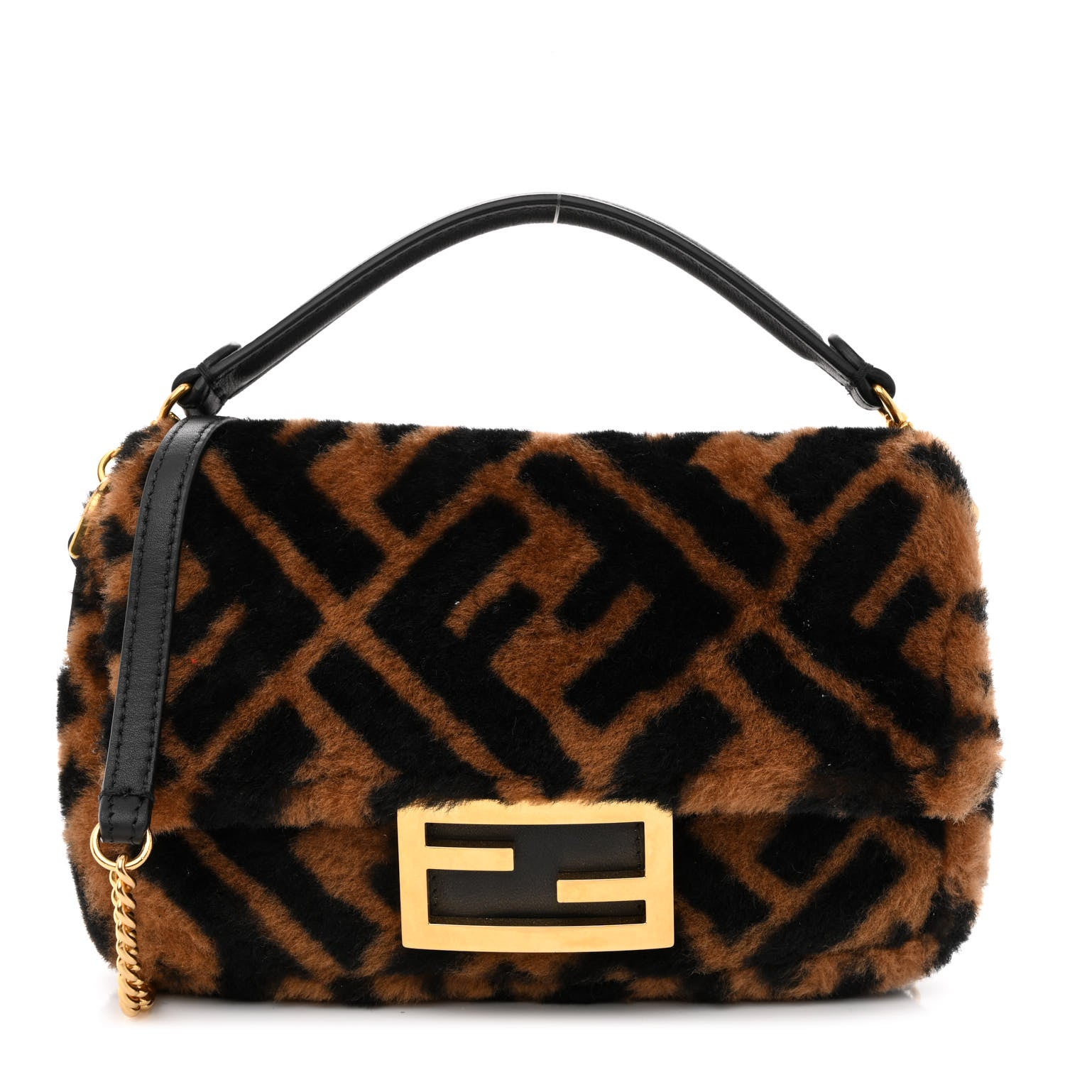 Fendi Shearling Vitello Dolce Macro FF 1974 Mini Baguette Tobacco Black 1 of 10